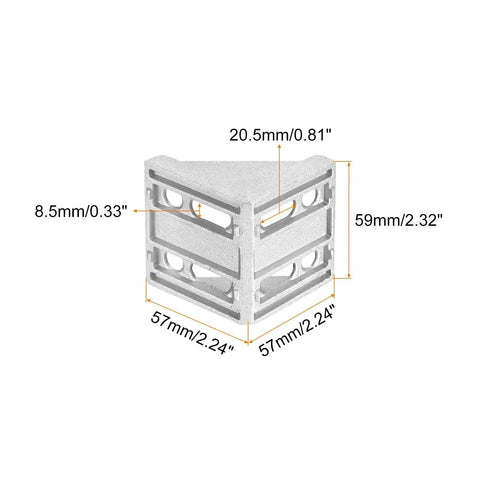 4 Piece Inside Corner Bracket Gusset For Aluminum Extrusion 57x57x59mm 6060 Angle Connectors with dimensions shown.