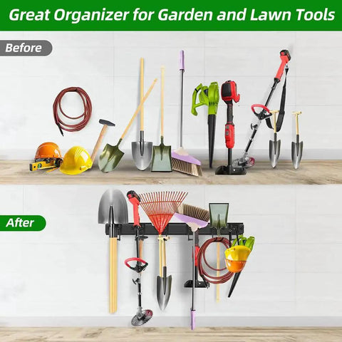Comparison of garden and lawn tools before and after using Heavy Duty Garage Tool Organizer With 48 Inch Rails And Six Double Layer Hooks, Wall Mount Storage Rack For Yard Tools, Shovels, Garden Gear, And Shed Organization.