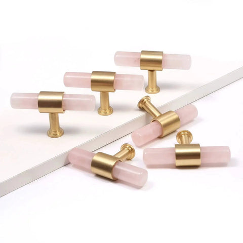 Set Of 2 Crystal Stone T Bar Pull Handles With Screws In Brushed Brass Finish Durable Crystal T Bar Hardware For Cabinet Dresser Cupboard And Kitchen Decor Rose Quartz Designed For Elegant Cabinet Decor And Dresser