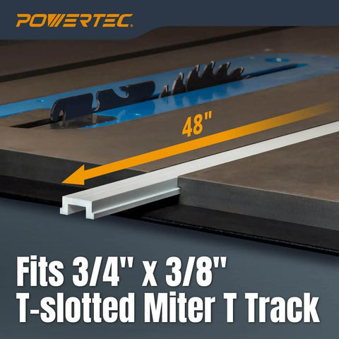 48-Inch Miter T Track With T Bar For Table Saw, Router Table, And Bandsaw placed on table saw with 3/4 by 3/8 T slot fitting
