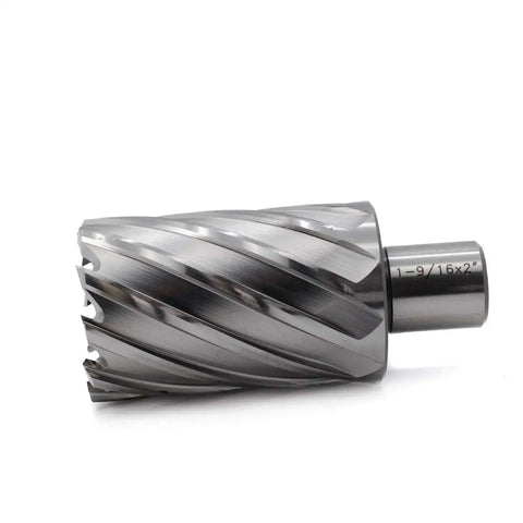 Beefy Annular Cutter For Magnetic Drill Press One Nine Sixteenth Inch Cutting Diameter And Two Inch Depth With Three Quarters Inch Weldon Shank Two Flat Pilot Pin Included Delivers Holes Ten Times Faster