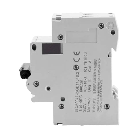 Side view of 2-Pole 250V DC Miniature Circuit Breaker for Solar Systems, Din Rail Mount, Quick-Trip DC Breaker, C65H-DC, 32A