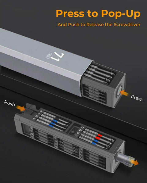 71-In-1 Mini Precision Screwdriver Set With 360 Spin showing push-to-release feature and housed in sturdy metal case