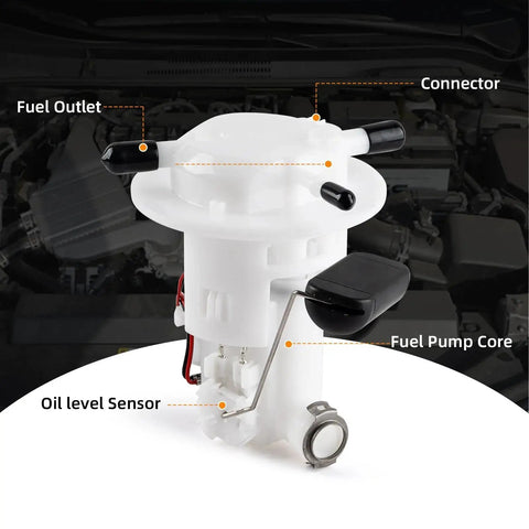 Electric Fuel Pump Assembly For Honda CBR250R CBR250RA CB300F CB300R CB300RA 2011 2016 Low Noise Quiet Operation Replaces 16700 KYJ 901 16700KYJ901 Plug And Play Fuel Delivery Upgrade, showing fuel outlet, connector, and oil level sensor