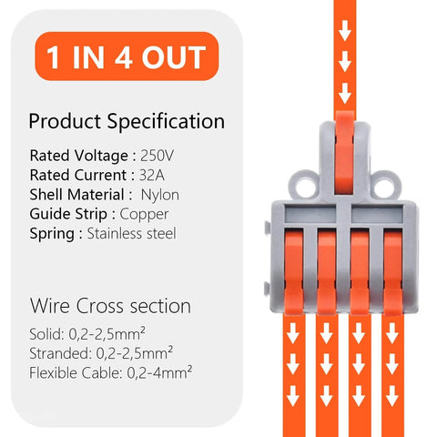 10 Pack Lever Wire Connectors For Quick DIY Wiring, 1 Inch 4 Output Terminal Block, compact design with specifications label