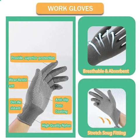 Work gloves with anti-slip dots, stretch snug fitting, and breathable absorbent material in high quality nylon and dirt-resistant coating.