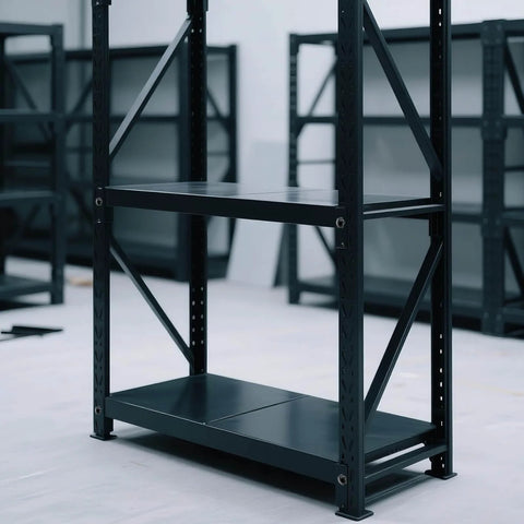 Black metal industrial storage shelf with two tiers and side supports in warehouse setting.