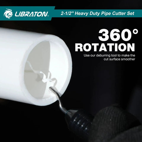 Heavy Duty Ratcheting PVC Pipe Cutter For PEX PVC And PPR Hoses Up To Two And One Half Inches with deburring tool in use.