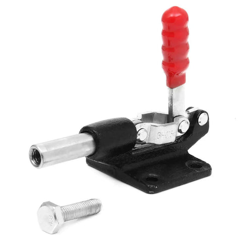 Close-up of Four Pack 32mm Toggle Clamps with Quick Release, Beefy 500 Lbs Holding Capacity, metal latch and red rubber grip.