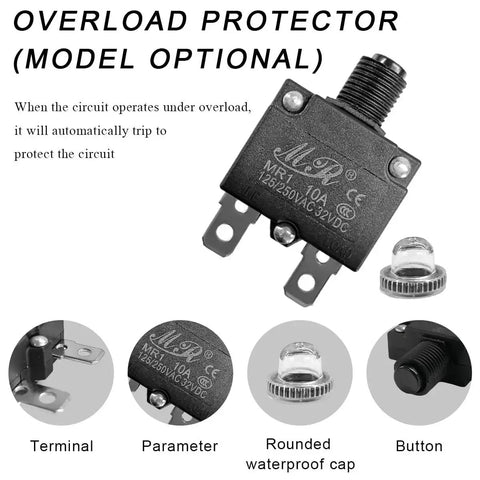 5 Pack Thermal Circuit Breakers 125/250V AC, 32V DC, 10A With Manual Reset Push Button shown with waterproof cap and terminal details