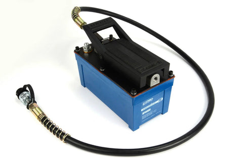 TEMCo HP0000 air hydraulic pump power pack unit with blue base, black pump housing, and coiled high-pressure hose.