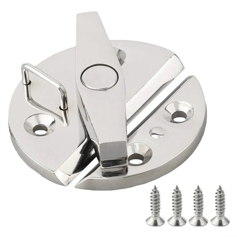 Front view of boat hatchway turn-button latch, 316 stainless steel, round base with four screws.