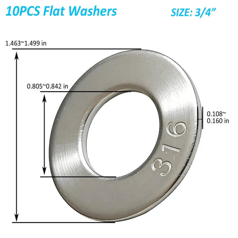 Close-up of Heavy-Duty 10-Pack of 3/4 Inch 316 Stainless Steel Flat Washers for Marine-Grade Toughness and Kick-Ass Corrosion Resistance