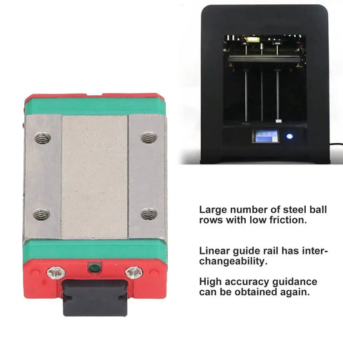 Close-up of High Precision Linear Rail Slider for 3D Printers with Ultra Smooth Motion and Rock Solid Ball Bearings next to 3D printer.