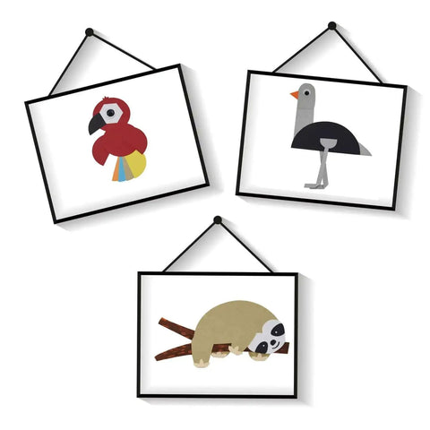 Framed animal art made with 2 Inch Oval Lever Paper Punch For Crafting And Card Making, featuring parrot, crane, and sloth.
