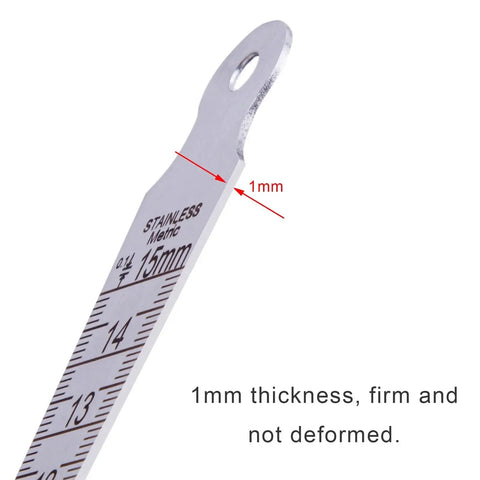 Pro Grade Dual Sided Stainless Steel Aperture Gap Gauge showing 1mm thickness with metric scale detail.
