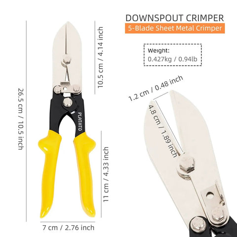 5 Blade Sheet Metal Crimping Tool for HVAC Duct and Venting, Gutter Downspout Crimper for 24-28 Gauge Stainless Steel, Pro Grade Heavy Duty Crimper shown with dimensions in inches and centimeters.