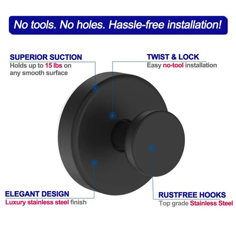 Vacuum Suction Cup Hooks For Shower And Bathroom Removable Towel Hooks For Glass Doors Windows And Walls Two Pack Black