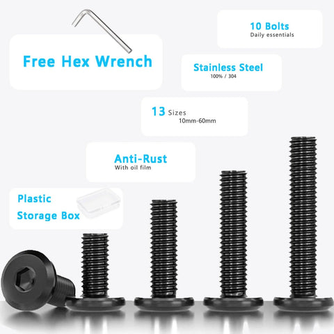 10 Pack M6 X 30mm Flat Head Hex Socket Cap Bolts With 1 Hex Spanner, Alloy Steel Black Oxide Finish, shown with hex wrench and bolts.
