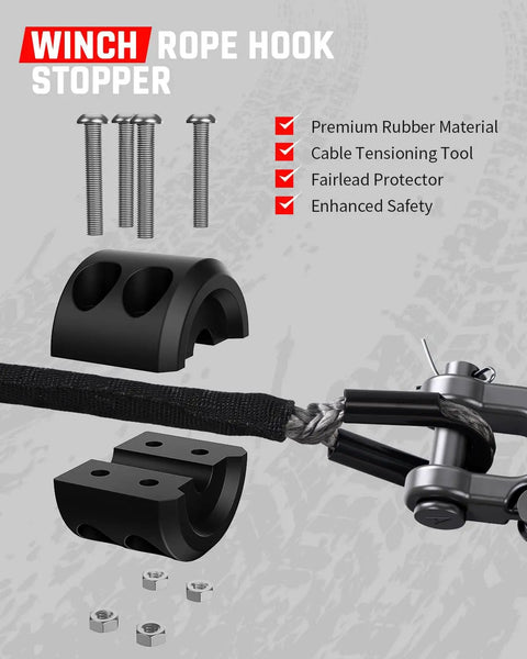 Winch Rope Hook Stopper components including rubber materials, screws, and cable tensioning tool for Heavy Duty 1/4 Inch By 50 Foot Synthetic Winch Rope With 10,000 Lbs Break Strength For Offroad 4WD ATV UTV Use Includes Forged Winch Hook And Rubber Stopper In Gray DAYDOOR.
