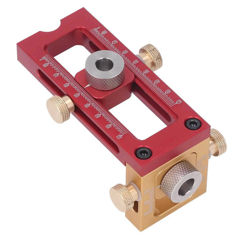 Six Piece Drill Jig Kit With Adjustable Bushings For Precise Woodworking Holes And Quick Assembly, red and gold components.