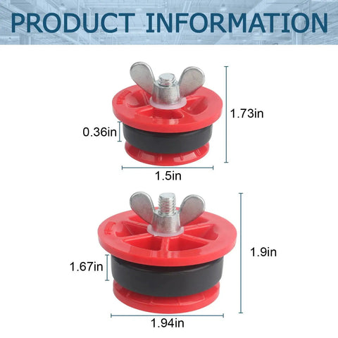 Mechanical End Of Pipe Gripper Plug Set For 2 Inch And One And One Half Inch Piping Red Two Pack Includes Two Inch And One And One Half Inch Test Plugs For Sealing And Pressure Test Snug Fit To Block Foreign Objects And Keep Your Piping Safe dimensions