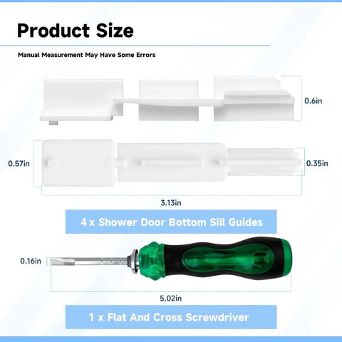 4 Pack White Reinforced Nylon Shower Door Bottom Seal Guides For Glass Sliding Doors And Enclosures Durable Corrosion Resistant Sill Rails Easy Install Replacement Kit Including A Dual Purpose Screwdriver Ideal For DIY Shower Door Maintenance.