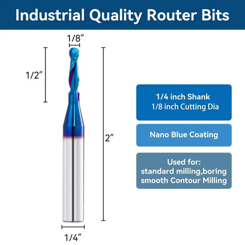 Pro Grade Carbide Ball Nose End Mill For CNC Routers With Nano Blue Coating One Quarter Inch Shank One Eighth Inch Cutting Diameter Two Flute Spiral