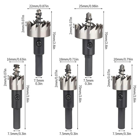 Pro Grade High Speed Steel Hole Saw Drill Bit Set Five Piece From Five Eighths Of An Inch To One Inch Built Tough For Stainless Steel Aluminum Plastic And Wood