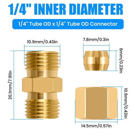 Brass compression tube fittings, 4-pack, 1/4 in OD x 1/4 in OD ice maker water line connectors for refrigerator plumbing.