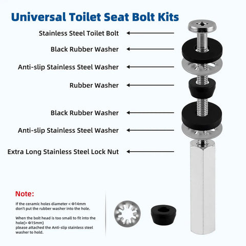 Universal 3 Inch Stainless Steel Toilet Seat Bolts Kit by iFealClear with parts labeled including washers and lock nut.