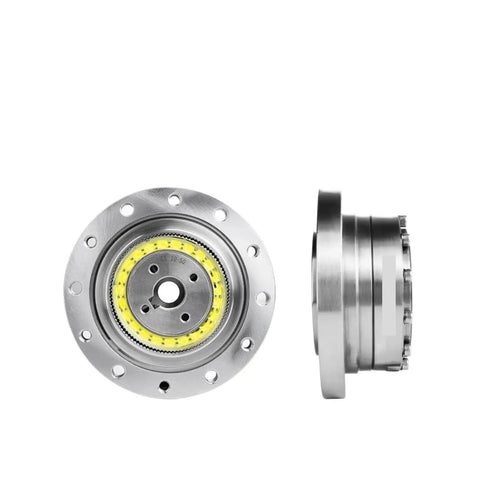 Front and side view of High Precision Strain Wave Gear Reducer CSF-20-II for automation robots and stepper motors, compact harmonic drive gearbox.