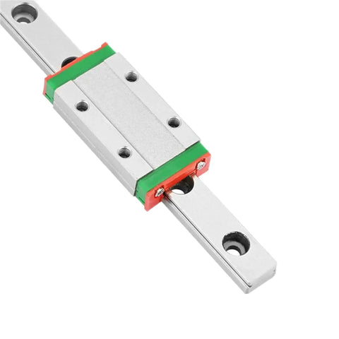 Close-up of MGN9H 350mm Linear Rail Guide with stainless carriage block for 3D printers and CNC machines, heavy duty linear sliding guideway.