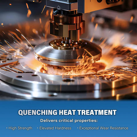Close-up of industrial machine performing quenching heat treatment on metal, showing sparks and high precision engineering.