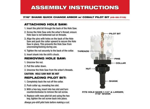Assembly instructions for 13 Piece General Purpose Hole Dozer Hole Saw Kit For Quick No Fuss Clean Cuts With Ice Hardened Cryogenically Treated Teeth Providing Up To Fifty Percent Longer Life And Up To Two Times Faster Cutting Milwaukee 49 22 4025, showing parts and setup steps.