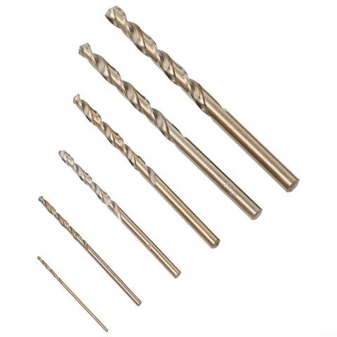 Six Piece Cobalt Drill Bits Set For Stainless Steel And Hardened Metals HSS 135 Degree Split Point Round Shank 6mm displayed in size order.