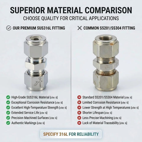 316 stainless steel compression tube fitting, 8mm x 8mm, straight union; two fittings shown (SUS316L vs SS201/SS304)