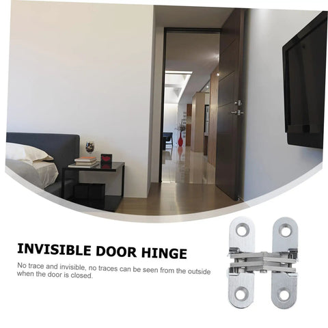 Hidden Door Hinge For Cabinets And Folding Doors, concealed swing hinge, zinc alloy, shown installed in modern interior.