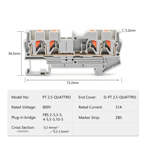 10-Piece Four-Wire Terminal Block Set With 2.5mm2 Spring Clamp DIN Rail Mount Rugged Flame-Retardant Housing High-Current Vibration-Resistant Electrical Connections For Durable Industrial Panel Wiring. Close-up view of terminal block with dimensions.