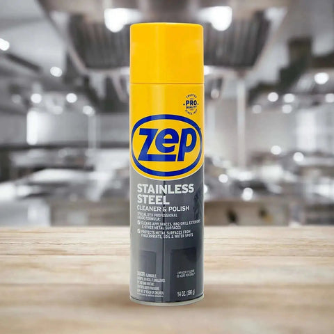Stainless Steel Cleaner And Polish For Appliances And Metal Surfaces 14 Ounces can on wooden counter