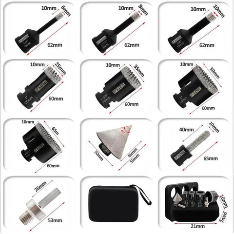 Diamond Tile Core Drill Bit Set With 6 8 10 25 35 50 65mm Hole Sizes Includes 10mm Milling Bit 50mm Chamfer Bit And Hex Adapter