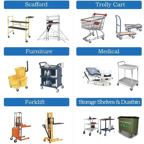 Image showcasing various items on caster wheels including scaffolds, trolly carts, furniture, medical beds, forklifts, and storage shelves.