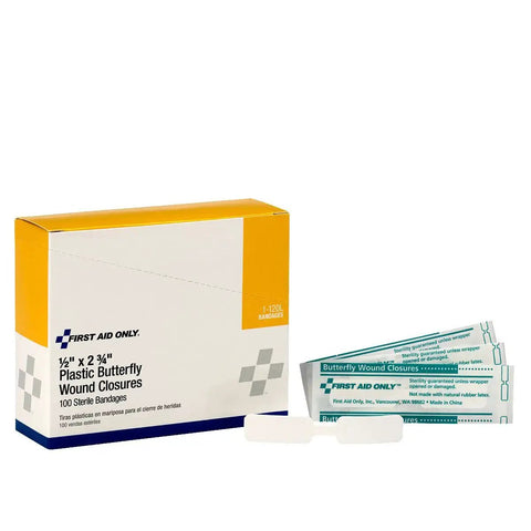 Butterfly Adhesive Wound Closure Strips 2.75x0.5 in box of 100 with flexible tape for first aid kits, showing packaging and individual strips