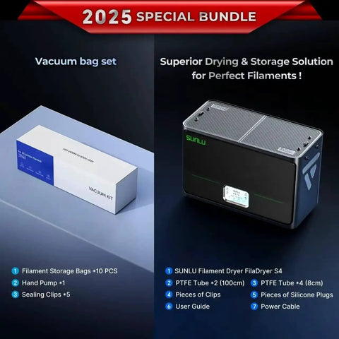 Four-Spool Filament Dryer Box S4 For 3D Printers With Rapid Heating and Auto Humidity Control showcased with vacuum bag set.
