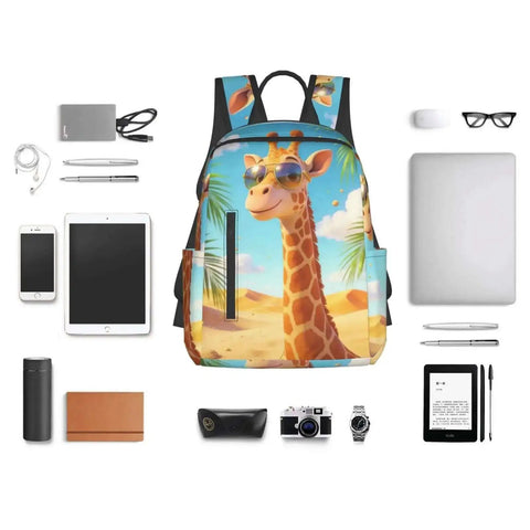 Front view of Cool Giraffe Desert Print Sunglasses Dual-Shoulder Backpack, surrounded by tech gadgets and accessories.