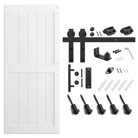 36 By 84 Inch White Sliding MDF Barn Door With Six Point Six Foot Black Sliding Door Hardware Kit And Handle Pre Drilled Ready To Assemble Waterproof PVC Coating shown with all installation components.