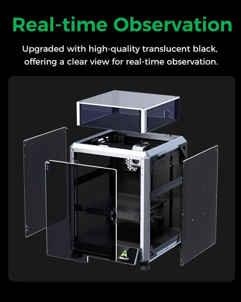K1 SE And K2 SE 3D Printer Enclosure With Transparent Black Cover, doors open, showcasing real-time observation feature.