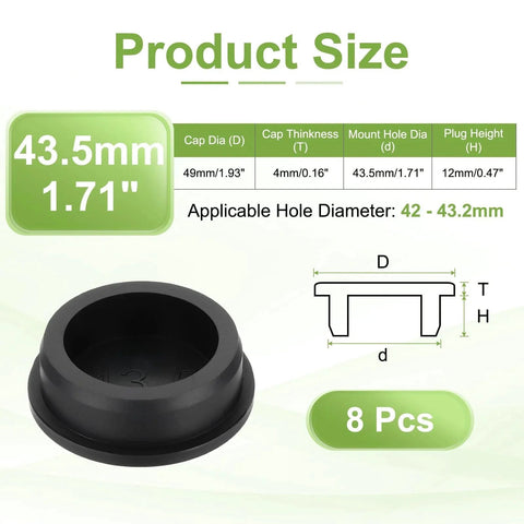 Silicone Hole Plugs Eight Pack 43.5mm High Temp T Type Rubber Stoppers size chart and product diagram