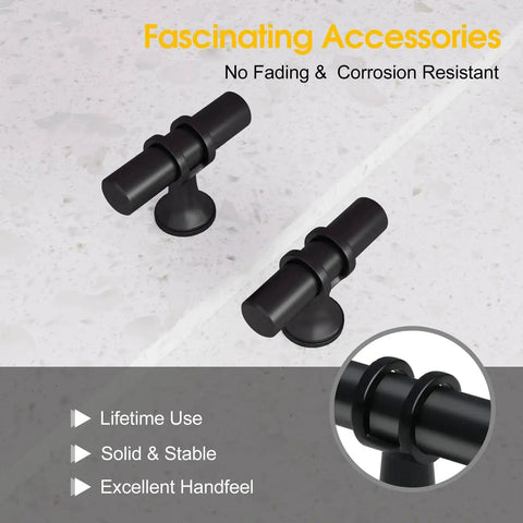 2 Pack Matte Black Cabinet Pulls T Bar Knobs For Kitchen Cupboards And Bathroom Cabinets on countertop, close-up of handles