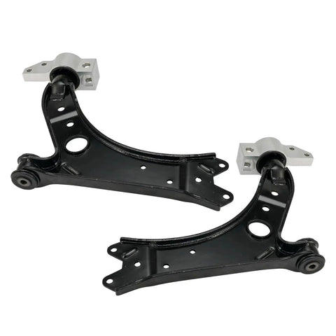 Pair of black steel front lower control arms with bushings and mounting brackets for vehicle suspension